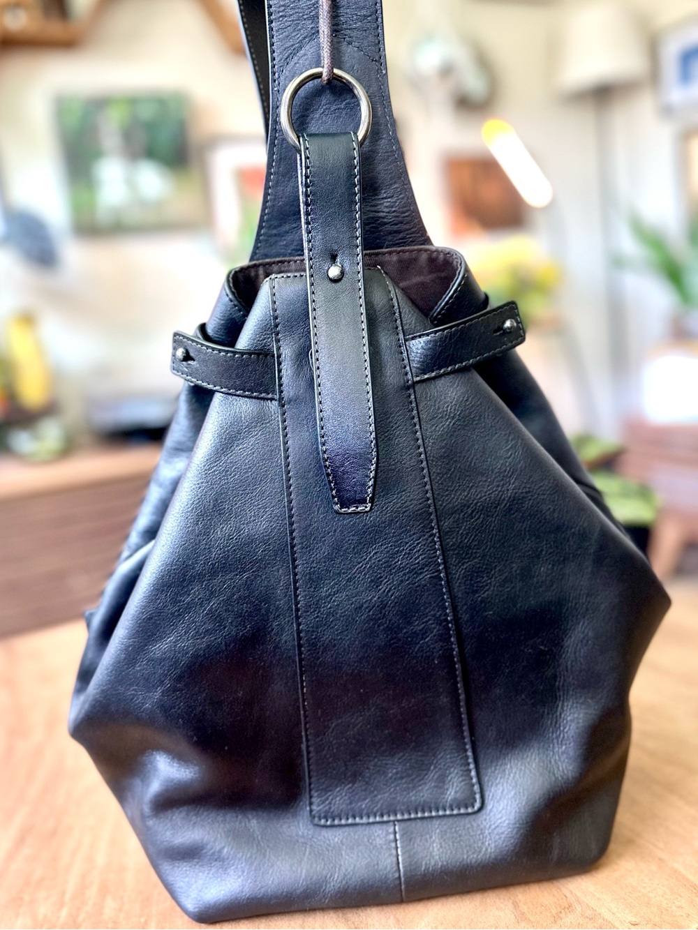 LRTO Black Leather Convertible Sling Backpack